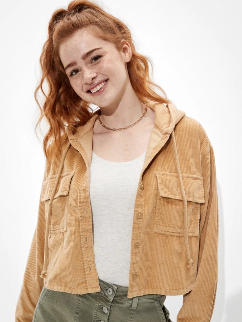 American Eagle AE Short Button-Down Hooded Corduroy Blouse Tan Cotton Size L